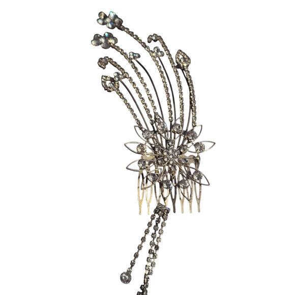 Vintqge Large Rhinestone hair comb wedding formal floral 6in missing one stone